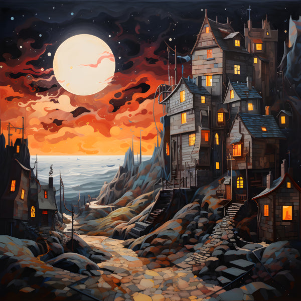 Vinyl Decal, Dramatic Moonlit Coastal Village Painting, Fiery Orange Sky, Houses on Cliffs, Ocean Vi