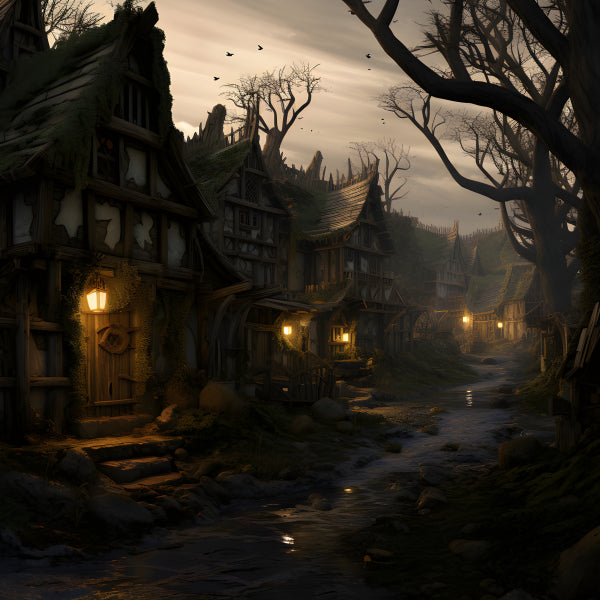 Vinyl Decal, Dark Fantasy Village Art Print, Spooky Medieval Town Portrait (5" x 7")