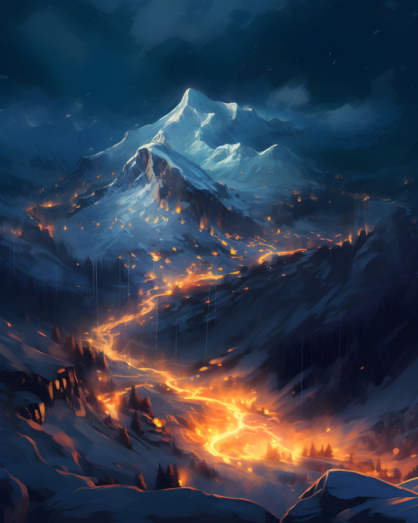 Vinyl Decal, Majestic Snowy Mountains with a River of Glowing Lava (5" x 7")