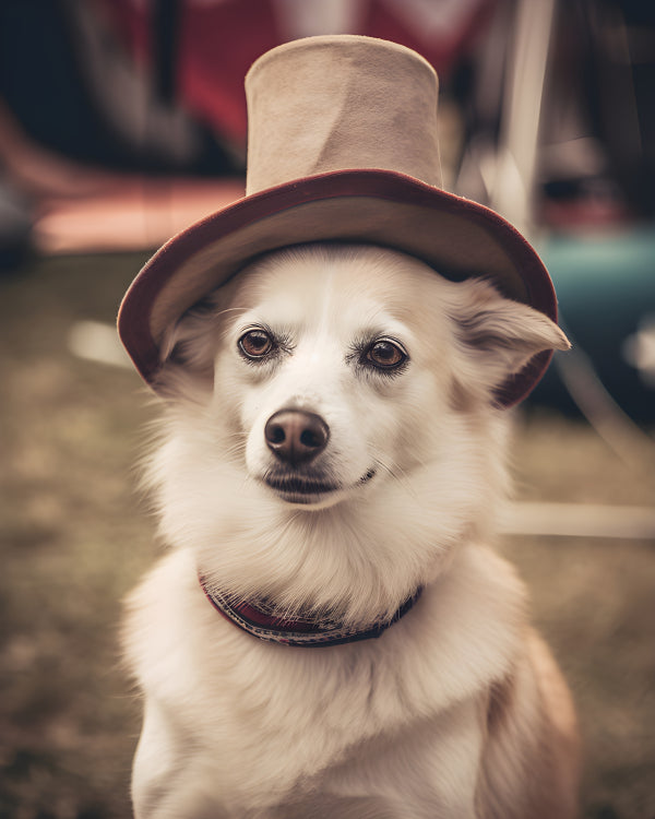 Vinyl Decal, Dapper White Fluffy Dog Wearing a Stylish Tan Top Hat and Collar (5" x 7")