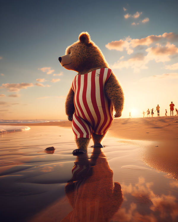 Vinyl Decal, Brown Bear in Classic Red & White Striped Swimsuit Enjoys a Serene Sunset Beach Walk (5