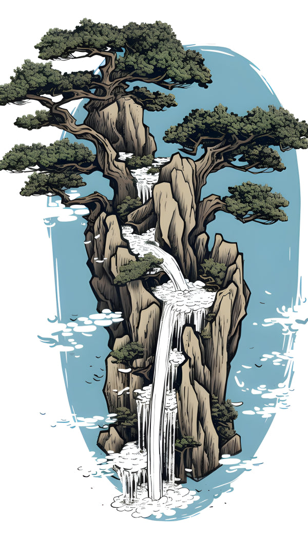 Vinyl Decal, Style Mountain Island Illustration with Bonsai Trees and Waterfall Art Print (5" x 7")