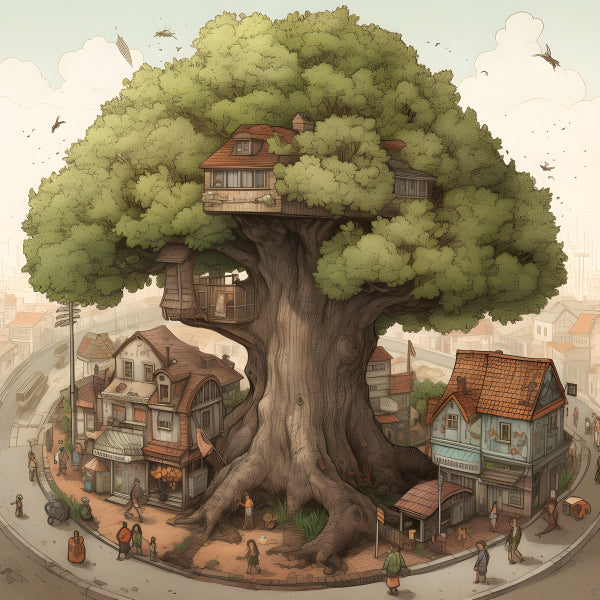 Vinyl Decal, Whimsical Giant Treehouse Village Illustration Art Print (5" x 7")