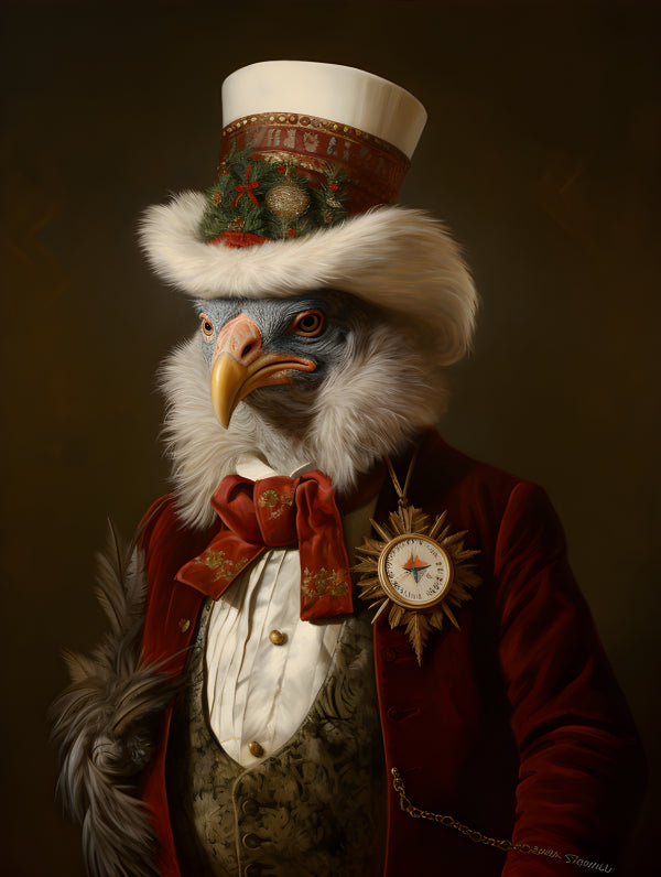 Vinyl Decal, Whimsical Bird Vulture Gentleman in Formal Christmas Holiday Attire Victorian Style Pri