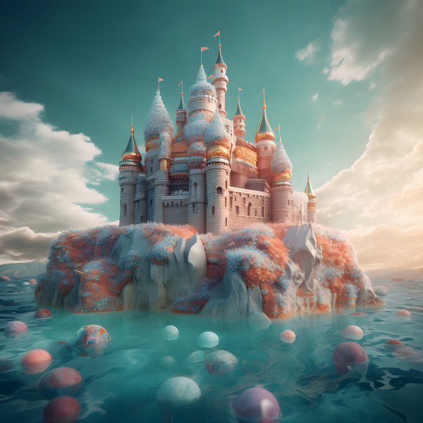 Vinyl Decal, Fantasy Sweet Candy Castle on Floating Island with Colorful Spheres Creative Art Print