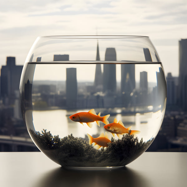 Vinyl Decal, Realistic Goldfish in Clear Glass Round Fish Bowl with Scenic City Skyline Background (