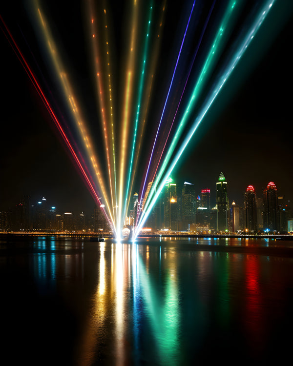 Vinyl Decal, Vibrant Multi-Color Laser Light Show Over City Skyline Photo Print (5" x 7")