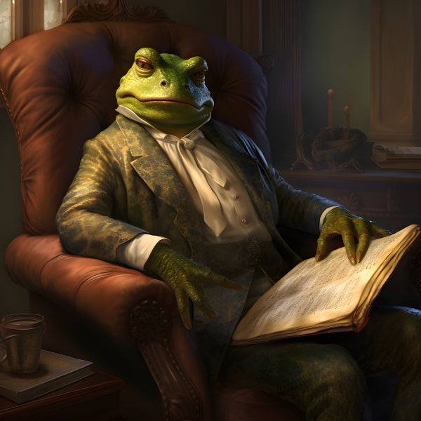 Vinyl Decal Elegant Frog Gentleman in Suit Sitting in Armchair with Book, AI Generated Art Print (5"