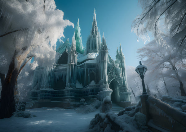 Vinyl Decal, Fantasy Winter Wonderland Ice Castle Architecture AI Generated Wall Art Print (5" x 7")