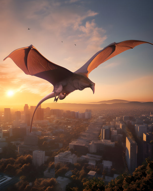 Vinyl Decal, Pterosaur Soaring Over City Skyline at Sunset (5" x 7")