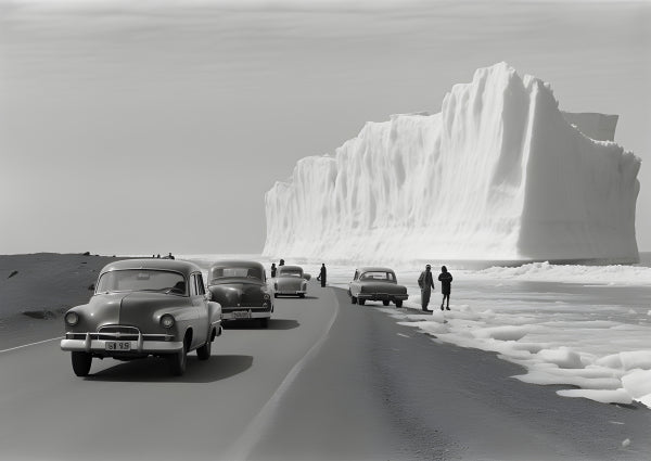Vinyl Decal, Vintage Cars on Coastal Road Next to Massive Iceberg Black and White Photograph Art Pri
