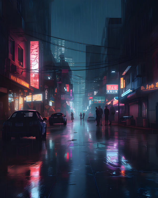 Vinyl Decal, Rainy Night in Cyberpunk City (5" x 7")