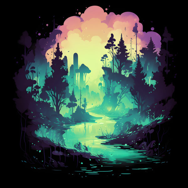Vinyl Decal, Magical Fantasy Forest Portrait Vibrant Teal Purple Yellow Art Print Wall Decor Mystica