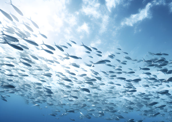 Vinyl Decal, Underwater view of a massive school of Bigeye Trevally fish swimming towards the bright