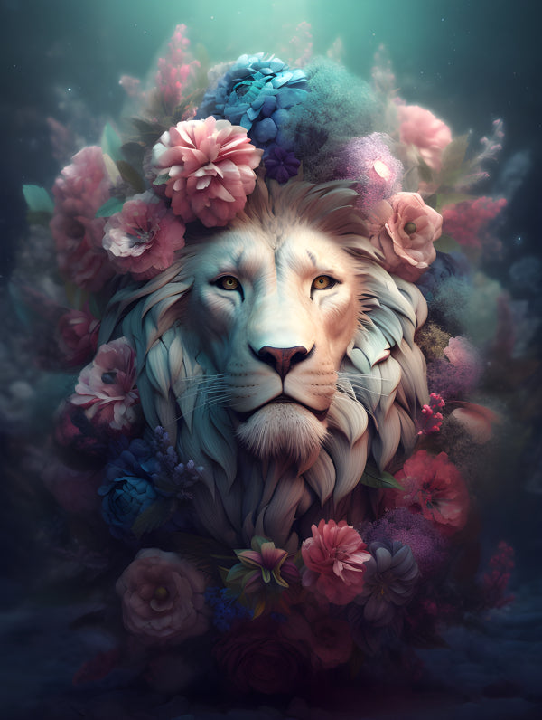 Vinyl Decal, Majestic White Lion Head with Pink and Blue Flowers Floral Wall Art (5" x 7")