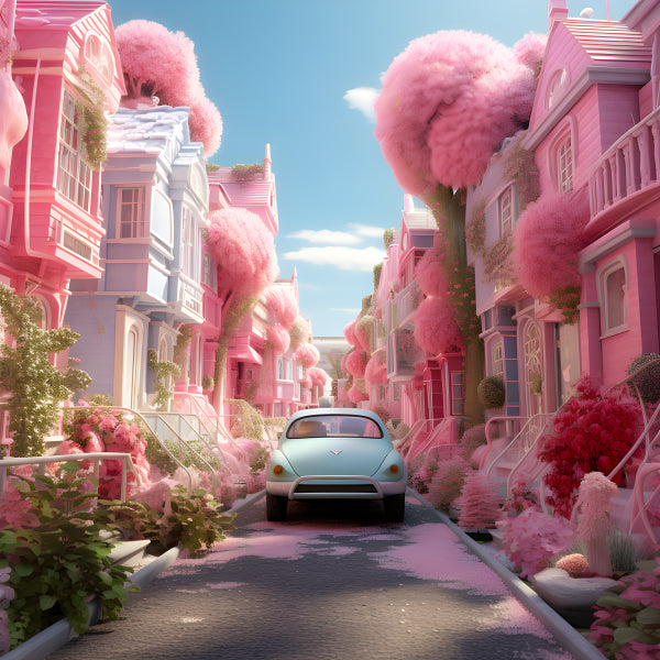 Vinyl Decal, Pink Houses Street Scene Vintage Car Art Print (5" x 7")
