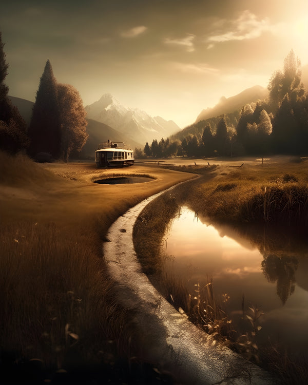 Vinyl Decal, Vintage Tram in Golden Meadow with Mountain View (5" x 7")