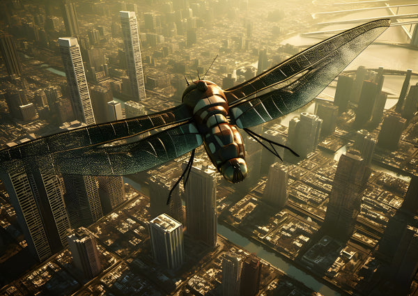 Vinyl Decal, Large Robotic Dragonfly Flying Over Futuristic Cityscape Artwork Print (5" x 7")
