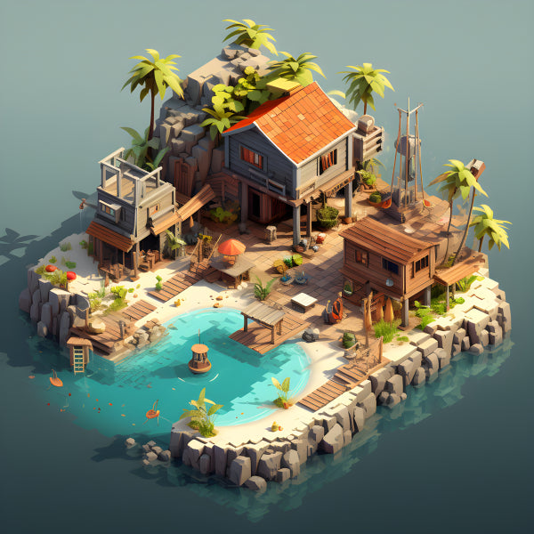 Vinyl Decal, Isometric Tropical Island Village 3D Scenery Fisherman Huts Palm Trees Beach Vacation G