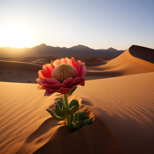Vinyl Decal, Vibrant Pink Protea Flower Blooming in Golden Desert Sand Dunes at Sunset (5" x 7")