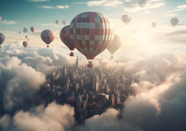 Vinyl Decal, Floating Hot Air Balloons Gliding Above City Clouds Scenic Aerial View Vibrant Sky Wall