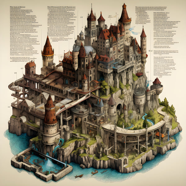 Vinyl Decal, Detailed Isometric Cutaway Illustration of a Fantasy Castle Fortress on a Rocky Island