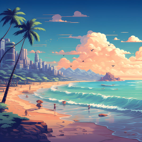 Vinyl Decal, Beach Artwork featuring Palm Trees, Ocean, and Skyline (5" x 7")
