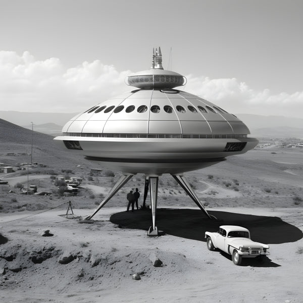 Vinyl Decal, Classic Flying Saucer Lands in a Desert Portrait with Onlookers (5" x 7")