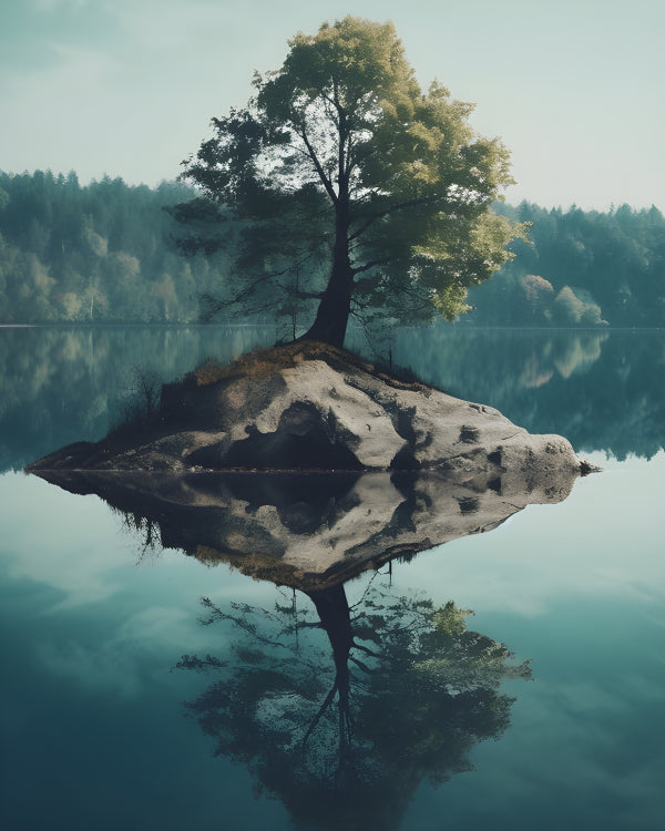 Vinyl Decal, Minimalist Solitary Tree on Rocky Lake Island Still Water Reflection Wall Art Print Dec