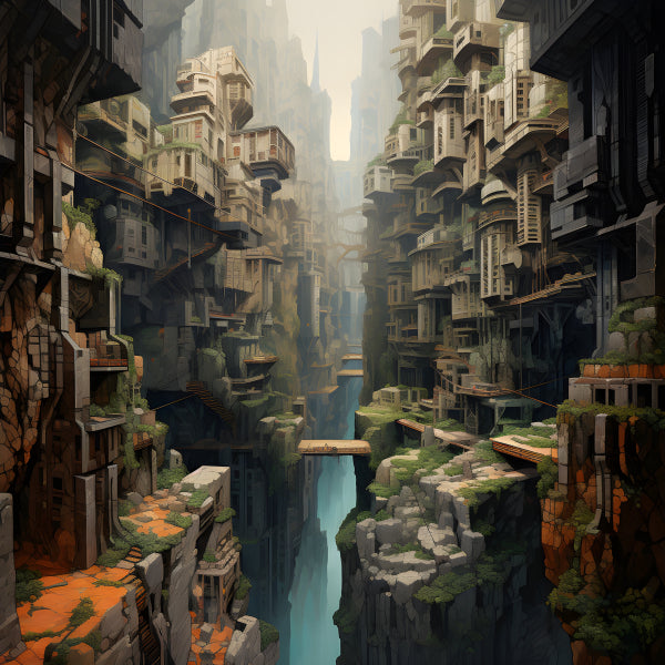Vinyl Decal, City Concept Art Carved into Chasm Walls (5" x 7")