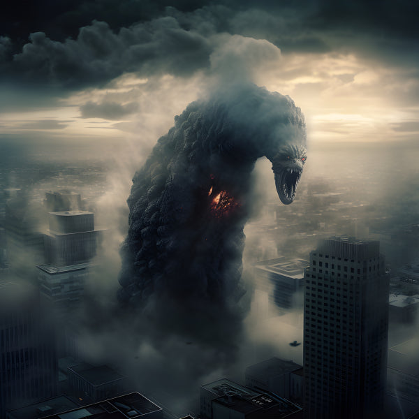 Vinyl Decal, Towering Monster Creature Emerging from Smoke in Cityscape Artwork Print (5" x 7")