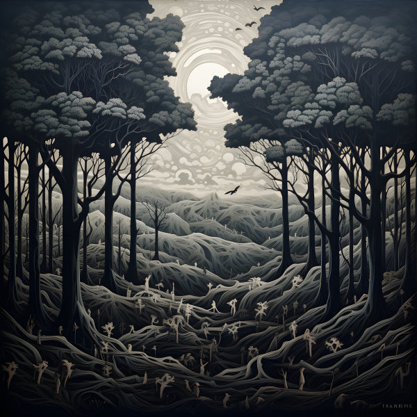 Vinyl Decal, Dark Fantasy Forest Art Print Eerie Mystical Portrait with Moon and Trees Monochrome Go
