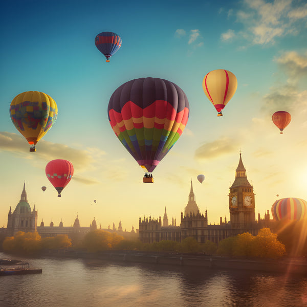 Vinyl Decal, Colorful Hot Air Balloons Soar Above the Iconic Big Ben and Houses of Parliament at Sun
