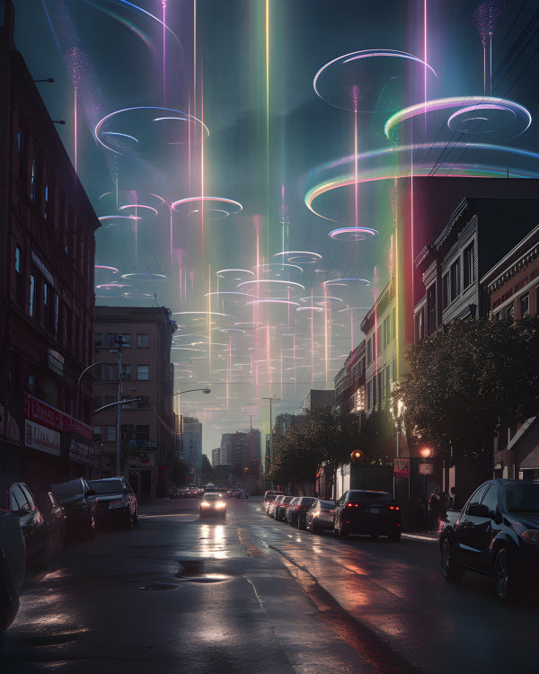 Vinyl Decal, Neon Night Cityscape with Futuristic Light Rings and Vertical Beams Reflection on Wet S