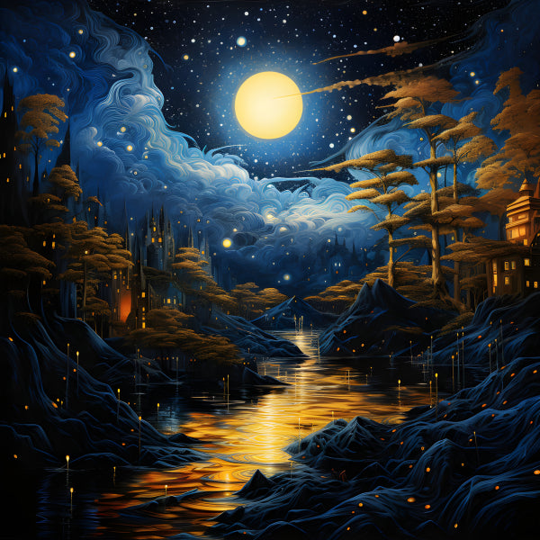 Vinyl Decal, Moonlit Fantasy Portrait with Mystical Castles and Golden River Art Print (5" x 7")