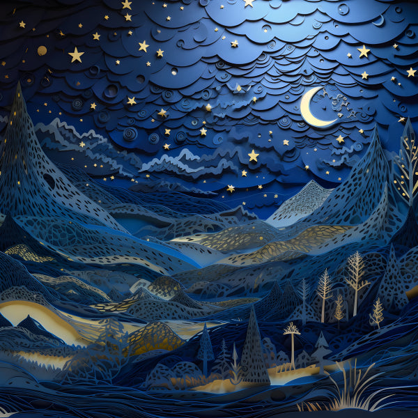 Vinyl Decal, Blue and Gold Paper Cut Night Sky Wall Art with Moon Stars Mountains and Trees Unique A