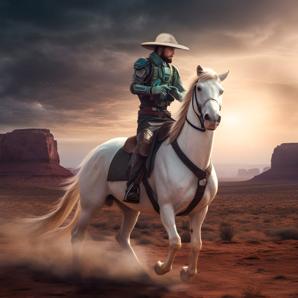 Vinyl Decal, White Horse Rider in Desert Portrait with Futuristic Armor and Cowboy Hat Art Print Pos