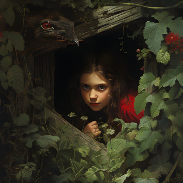 Vinyl Decal, Young Girl in Red Peeking from Woods with Bird Creature, Dark Fairy Tale Art Print (5"