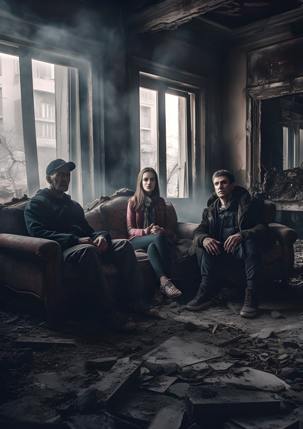 Vinyl Decal, Three individuals sit together in a war-torn, smoke-filled room, reflecting on survival