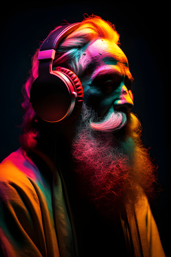Vinyl Decal, Colorful Neon Art Print of Old Man with Long White Beard and Headphones (5" x 7")