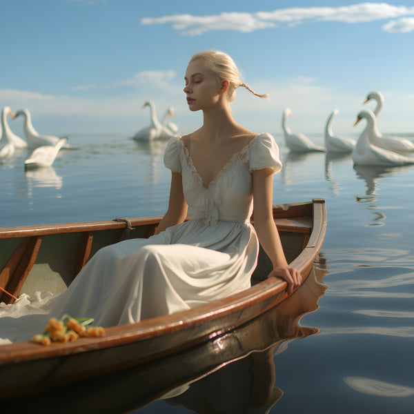 Vinyl Decal, Serene Lakeside Beauty: Elegant Woman in White Dress on Wooden Boat with Swans, Peacefu