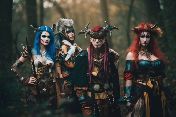 Vinyl Decal, Four Warrior Women with Horned Helmets and Elaborate Fantasy Armor Stand Together in a