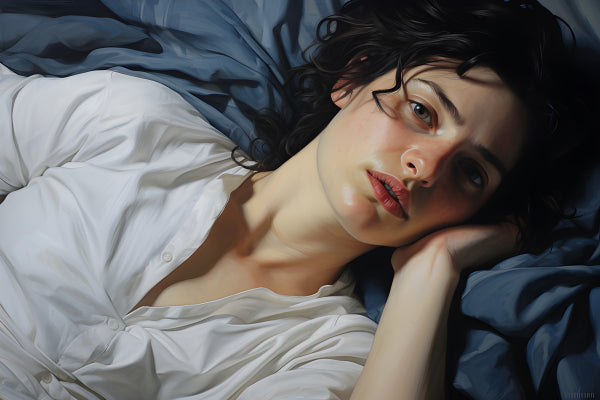 Vinyl Decal, Woman in White Shirt Lying on Blue Sheets, Modern Figurative Artwork (5" x 7")