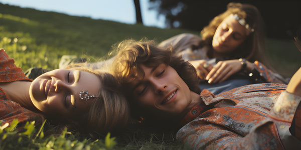 Vinyl Decal, Young Hippie Friends Lying on Grass in Park Smiling Looking at Camera (5" x 7")