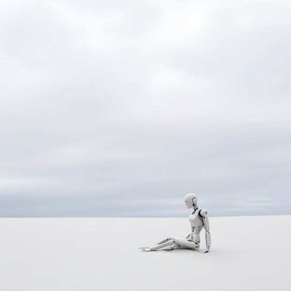 Vinyl Decal, Minimalist White Robot Figure Sitting Alone in Vast Desolate Portrait Art Photo Print (