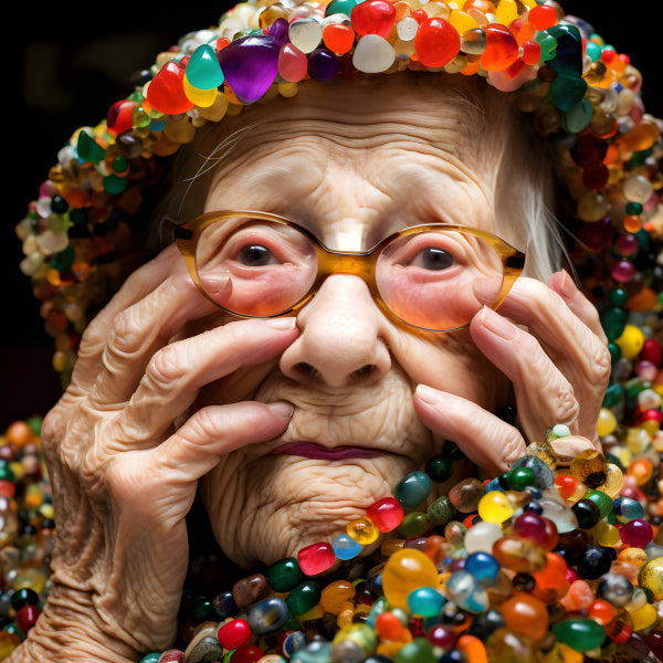 Vinyl Decal, Colorful Elderly Woman Portrait with Vibrant Rainbow Bead Jewelry & Eyeglasses (5" x 7"
