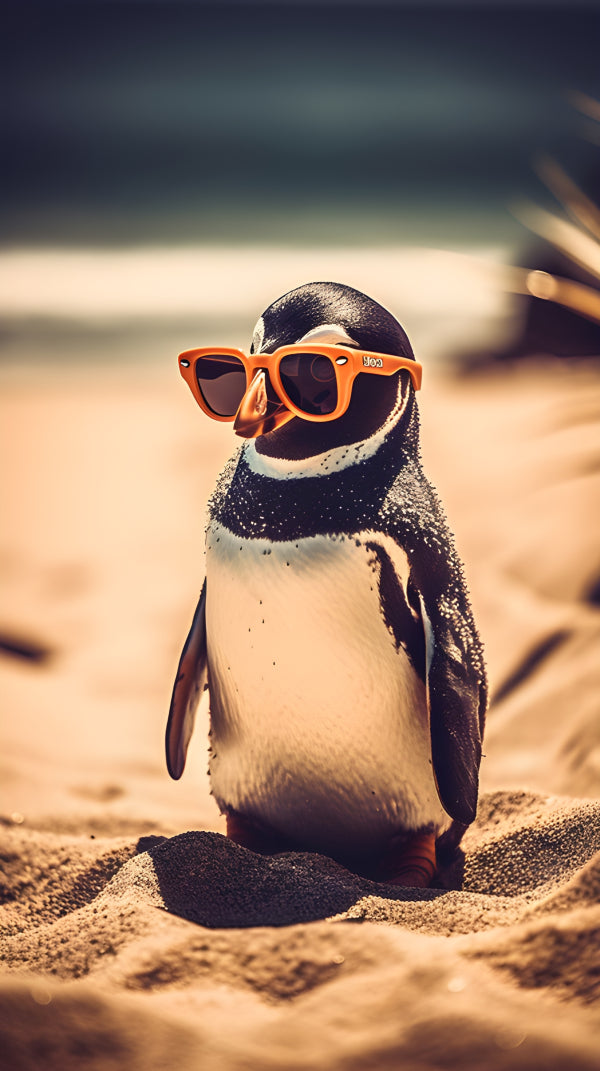 Vinyl Decal, Cool Penguin Wearing Orange Sunglasses on Beach (5" x 7")