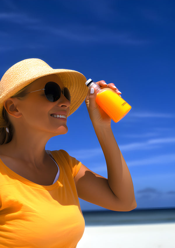 Vinyl Decal, Woman's Straw Hat & Sunglasses Beach Essential, Refreshing Orange Drink, Sun Protection