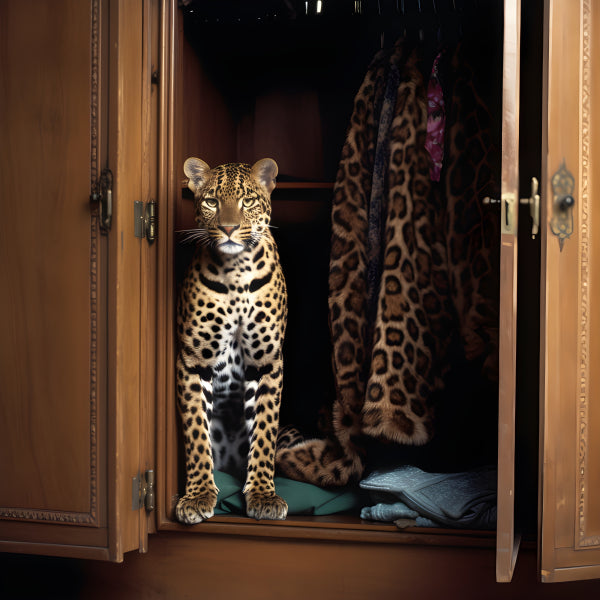 Vinyl Decal, Leopard Hiding in a Wardrobe with Leopard Print Clothes (5" x 7")