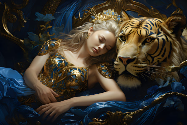 Vinyl Decal, Elegant Princess Woman with Majestic Tiger in Enchanted Forest Art Print (5" x 7")